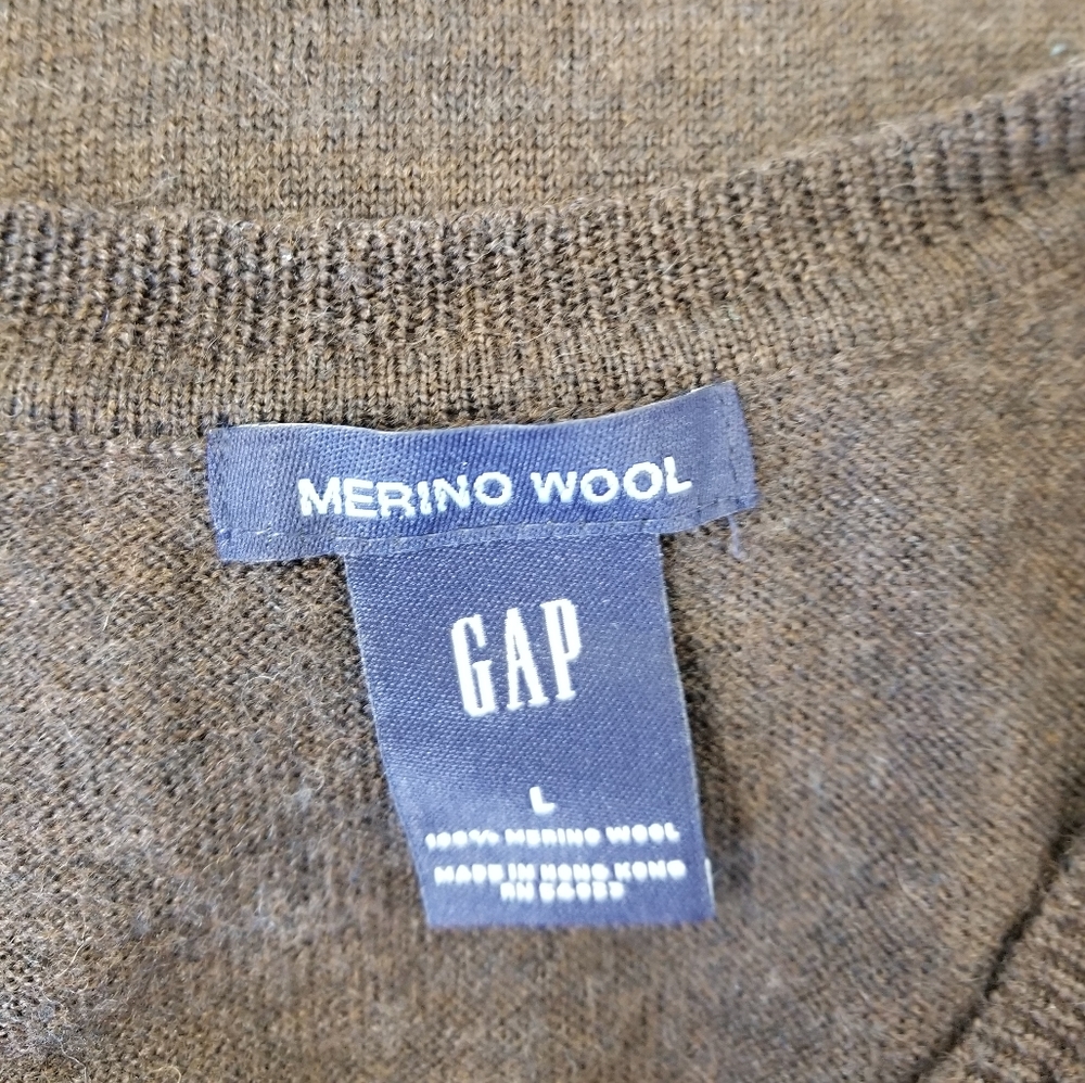 GAP Brown V-neck Merino Wool Long Sleeve Pullover Sweater Size Large - Picture 10 of 11